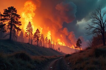 Obraz premium Fierce wildfire raging through a dry forest, consuming trees and underbrush, billowing smoke into the sky The intense heat and flames are clearly visible , nature, charred trees