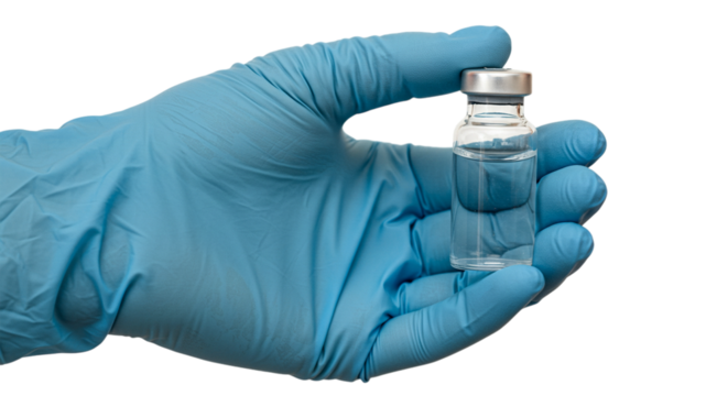 Gloved hand holds small vial of clear liquid against transparent background
