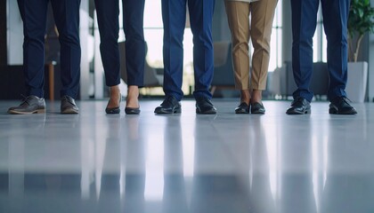 Obraz premium The Waiting Game. An ultra-realistic photograph of the legs and feet of several diverse people, waiting patiently in a group for an elevator in a stylish apartment lobby connected to the hallway. 