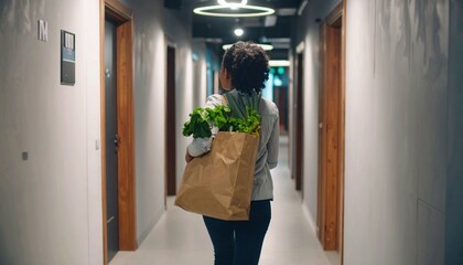 The Grocery Haul. An ultra-realistic, professional photograph of an anonymous young woman, seen from behind, walking down a long, modern apartment hallway.