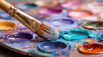 Fototapeta premium Paint palette with brush and vivid colors