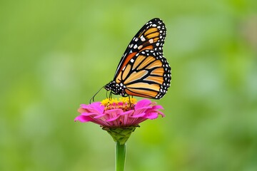 Fototapeta premium A vibrant monarch butterfly with orange and black wings feeds on a colorful flower in a summer garden
