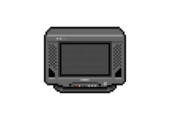 Obraz premium Pixel art of a retro CRT television with front speakers and control buttons, displayed on a white background in classic 8-bit style. 