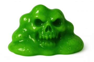 Slimy green monster skull oozing toxic goop, dripping menacingly against transparent backdrop with haunting horror aesthetic