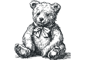 Black and white sketch of a plush teddy bear with a bow tie on a transparent background. Vector hand drawn illustration