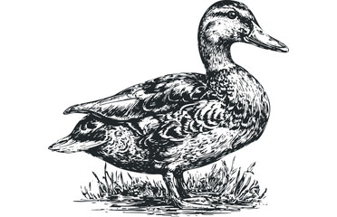 Duck standing in grassy water edge ink sketch. Vector hand drawn illustration