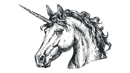 Hand drawn unicorn head with spiraling horn and flowing mane on transparent background. Vector hand drawn illustration