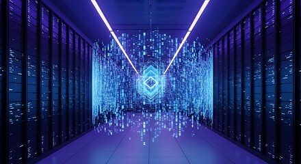 Modern Data Center Interior with Digital Network.