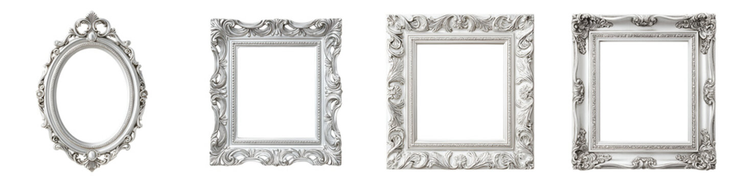 Silver Picture Frames: Ornate Vintage Designs on White Background