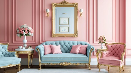Fototapeta premium A stylish, soft pastel living room featuring elegant furniture, gold accents, and a floral arrangement, creating a chic and inviting atmosphere.