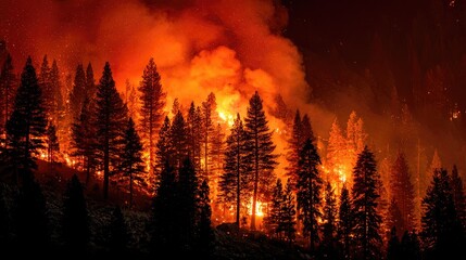 Fototapeta premium Nighttime forest fire. Silhouette of towering pine trees against a backdrop of intense orange and yellow flames and smoke. The fire's glow illuminates the night sky