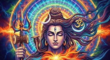 Lord Shiva Cosmic Meditation Spiritual Art with Trishul and Om Symbol Divine Energy