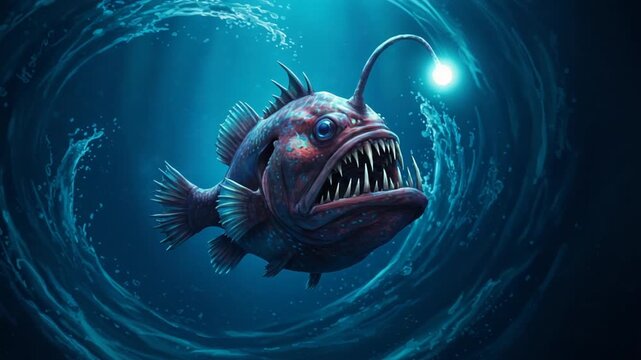 Deep-sea anglerfish with bioluminescent lure swimming