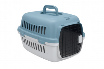 Light blue and white plastic pet carrier with metal grid door, ensuring comfortable and safe transportation for animals