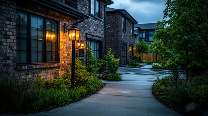 Fototapeta premium Tranquil neighborhood street at night with warm lighting illuminating pathway and lush greenery, creating serene atmosphere