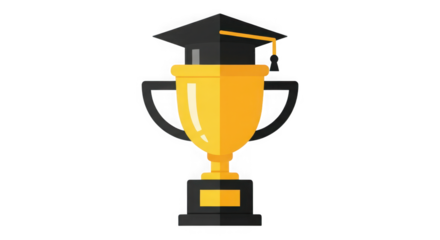 Golden graduation trophy emblem symbolizing academic achievement and educational success featuring a graduation cap and a champion award. transparent background