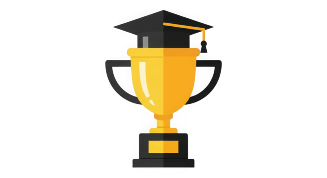 Golden graduation trophy emblem symbolizing academic achievement and educational success featuring a graduation cap and a champion award. transparent background