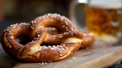 Two golden pretzels on wooden surface, glass of beer blurred behind. Authentic German Oktoberfest celebration snack close-up