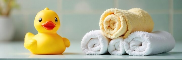 Fluffy bath towels piled high beside a cheerful yellow rubber ducky, ready for a relaxing bath time Perfect for spa, bathroom, and hygiene imagery , playful duck, clean, plush