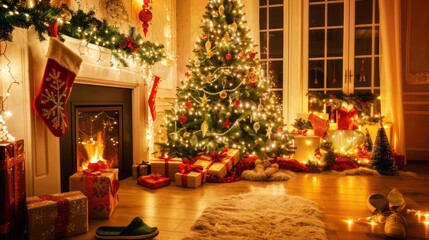 Festive Christmas Living Room with Decorated Tree and Fireplace Warmly Lit