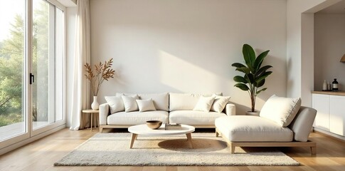 Serene minimalist living room, featuring a neutral color palette, natural light, and simple, functional furniture Clean lines and uncluttered space create a peaceful atmosphere , wall, white