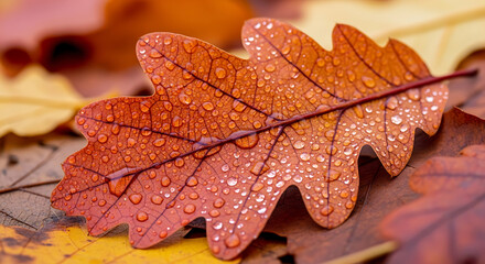 Autumn's Embrace Dew-Kissed Oak Leaf in a Bed of Fallen Foliage