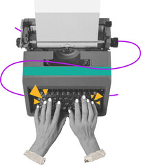 Creative process. Pop art collage. Female hand typing on retro typewriter isolated