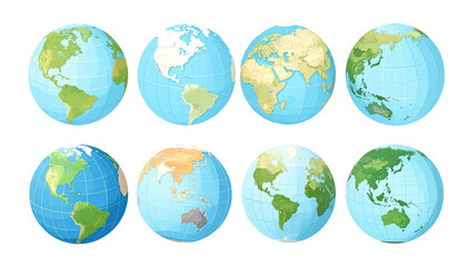 World globe maps set. Earth globe icons isolated on transparent background. 