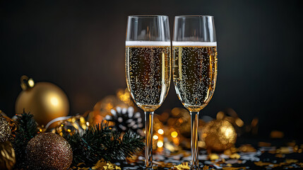 Cheers to celebration with two sparkling champagne flutes, surrounded by festive decorations and golden ornaments, creating joyful atmosphere