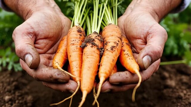 Hands holding freshly harvested carrots with soil. The scene showcases organic farming and the connection to nature.