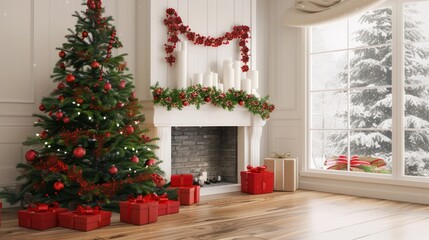 Festive Christmas Living Room with Decorated Tree and Gifts in Bright Natural Light