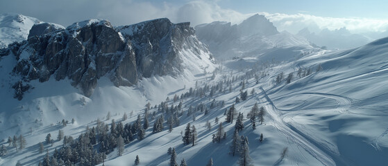 
A cinematic aerial view of snowy mountain terrain, ski tracks weaving across slopes, pine forests blanketed in white. Background, dramatic mountain walls rising beyond.
