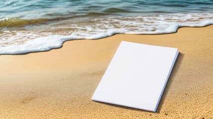 Blank notebook on beach sand by ocean waves