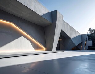 Fototapeta premium Sleek Contemporary Concrete Building with Geometric Angles and Integrated Lighting Design