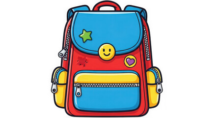Colorful cartoon backpack for kids school supplies and adventures fun design with fun patches and happy face icon transparent background