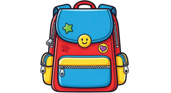 Colorful cartoon backpack for kids school supplies and adventures fun design with fun patches and happy face icon transparent background