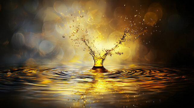 Delicate yellow light rippling across calm surface, creating stunning splash of water droplets that evoke sense of tranquility and beauty