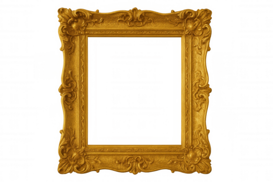 Gold ornate frame displaying decorative edging, revealing spacious transparent mounting area