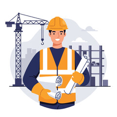 2D flat vector: Male construction worker, hard hat, vest, holds blueprints by partially built building, crane, white background.