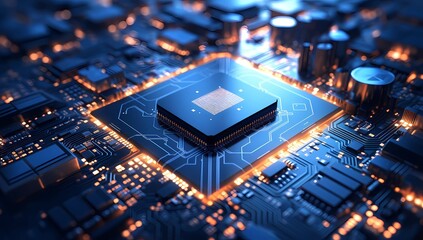 Fototapeta premium A blue chip is shown on an electronic circuit