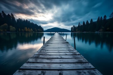 A blue lake with a wooden dock