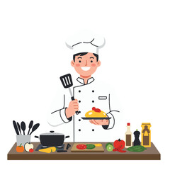 A cheerful flat 2D vector illustration depicts a smiling chef in a clean kitchen, proudly holding a spatula and a freshly prepared meal with various ingredients on the counter.