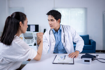 Fototapeta premium Doctor and patient arm wrestling in medical office: building trust and overcoming challenges