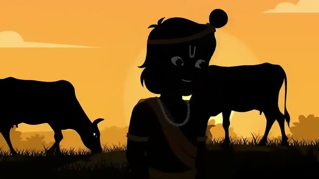 Boy with Cows with Sunset Silhouette.