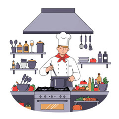 A skilled chef in a toque and apron stirs a pot on a stove in a bustling restaurant kitchen with cooking utensils and fresh ingredients, presented as a clean 2D flat vector illustration.