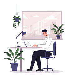 Flat 2D vector illustration shows a male office worker sitting at a modern desk, focused on his laptop screen, surrounded by lush potted plants with a cityscape window view.