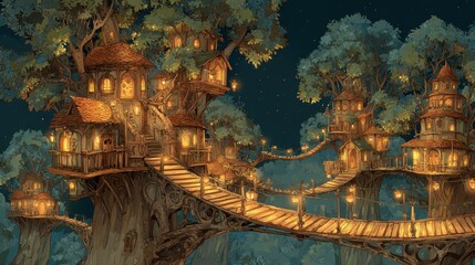 Fototapeta premium moden wood tree house village with bridges and lanterns glowing