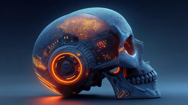 A futuristic robotic skull design featuring intricate patterns and glowing elements, symbolizing advanced technology and artificial intelligence.