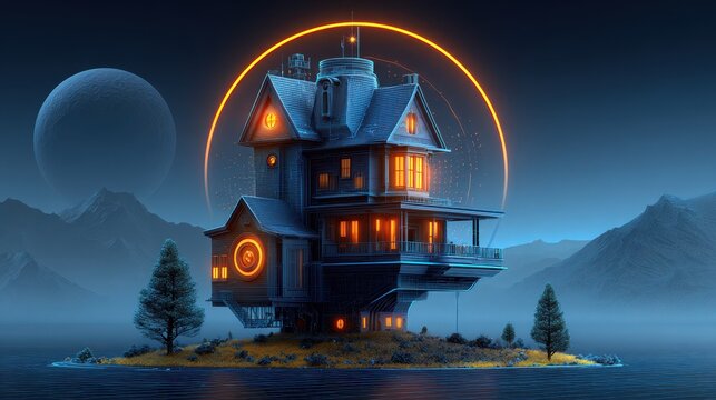 A surreal, illuminated house sits on an island, surrounded by mountains and a cosmic backdrop, creating a dreamlike atmosphere.