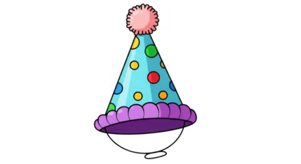 Festive blue party hat with colorful polka dots and fluffy pom-pom celebrating joyful occasions birthday events and festive gatherings fun decorative accessory transparent background